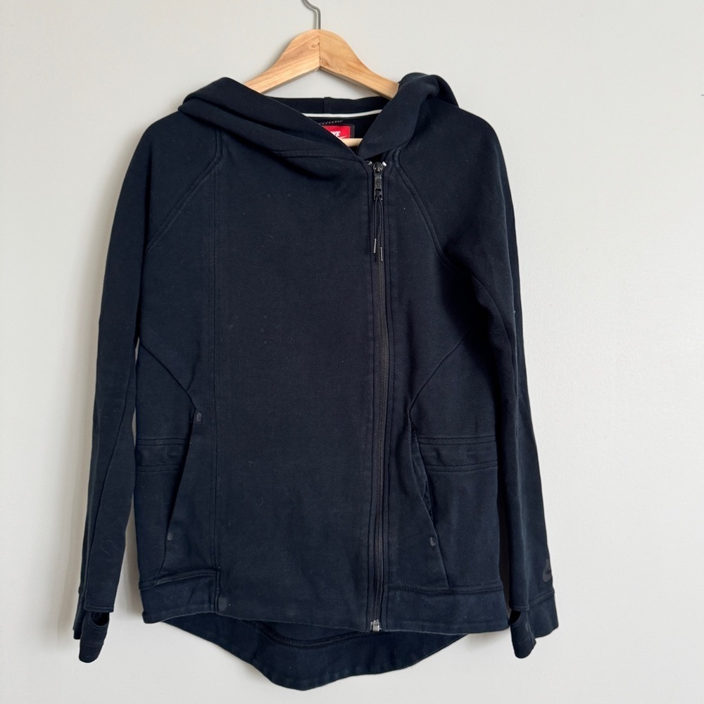 NIKE Tech Black Asymmetrical Zip High Low Cape Hooded Jacket Womens XS